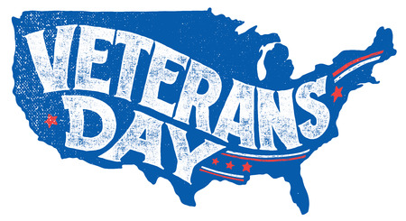 Veterans day holiday. Hand-lettering greeting card on textured silhouette of US map. Vintage typography illustrationのイラスト素材