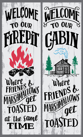 Welcome to our firepit and cabin signのイラスト素材