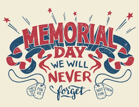 Memorial Day. We will never forget. Hand lettering greeting card with textured handcrafted letters with military dog tags. Hand-drawn vintage typography illustrationのイラスト素材