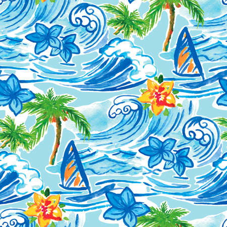 Hawaiian waves, Hawaii vacation print. Watercolor summer seamless pattern for textile, fabric, cloth design, covers, manufacturing, wallpapers, print, gift wrap and scrapbookingの写真素材