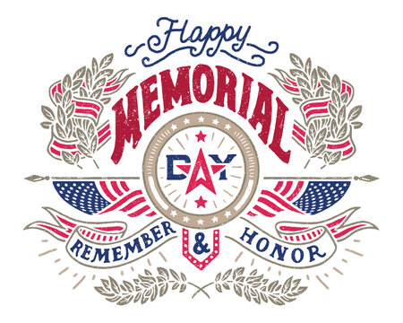 USA Happy Memorial Day. Hand lettered greeting card with a wreath and American flags. Hand-drawn vintage typography illustrationのイラスト素材