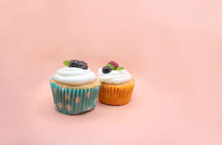 Two red berry cupcakes on an isolated pink backgroundの写真素材