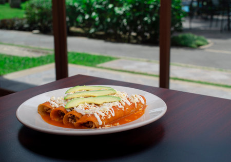 tacos stuffed with chicken and bathed in tomato sauce or better known as entomatadas is a typical Mexican dishの写真素材
