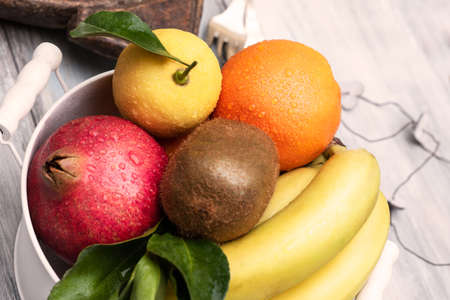 Fresh and various fruits isolated in a shabby chic background. Horizontalの写真素材