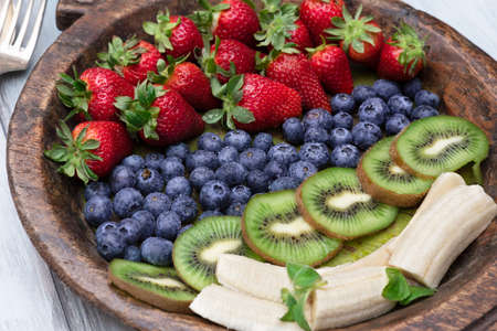 Fresh and various fruits isolated in a shabby chic background. Horizontalの写真素材