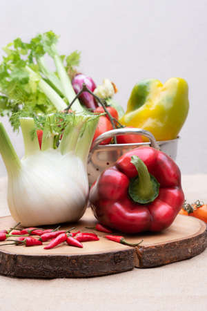 Fresh and various vegetables, peppers fennel celery and tomatoes on a wooden table. White background. Verticalの写真素材