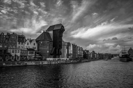 Old town of Gdansk, Poland. Black and white photo.