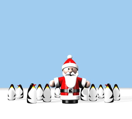 Santa standing at the North Pole surrounded by a large group of cute penguins.の写真素材