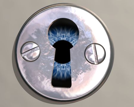 Illustration of an eyeball peering through a keyholeの写真素材