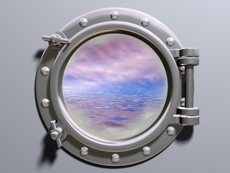 Ship porthole looking out to a dreamlike horizonの写真素材
