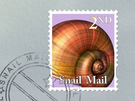 Illustration of a snail mail stamp on an envelopeの写真素材