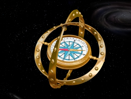 Illustration of a compass navigating the bizarre nature of curved spaceの写真素材