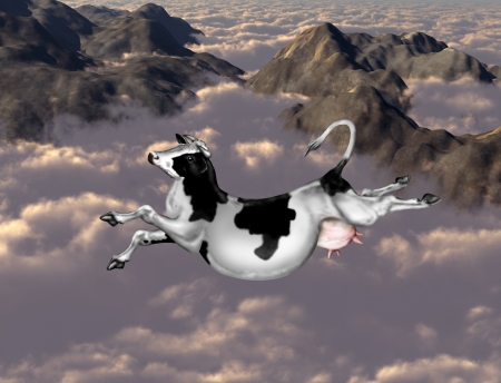 Illustration of a cow flying over clouds and mountainsの写真素材