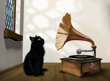 Illustration of a black cat looking into an old gramophone hornの写真素材