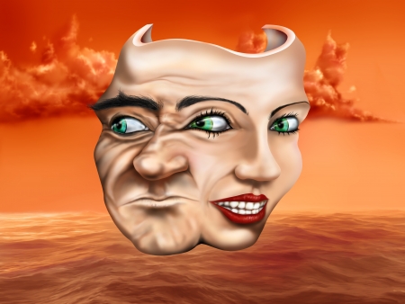 Surreal schizophrenic theater mask depicting mixed emotionsの写真素材