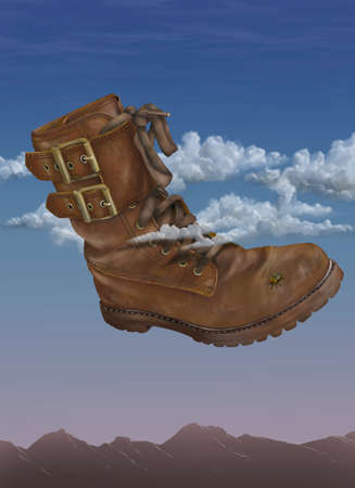 Surreal illustration of an old work boot high up in the cloudsの写真素材