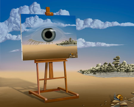 Artist easel in a surreal desert landscape with rising watersの写真素材