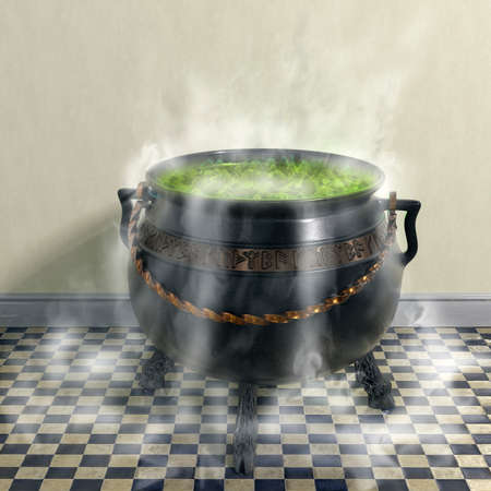3D Illustration of a magical witch cauldron wIth misty eerie potion bubbling awayの写真素材