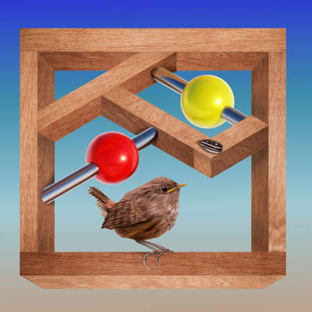 3d illustration of a small bird perched on an impossible wooden structureの写真素材