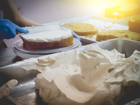 close up cake making in cake industry with vintage filter.