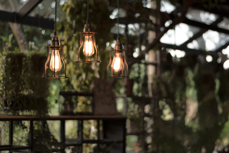 beautiful Light bulb incandescent hanging decorated interior room,selective focus.の写真素材