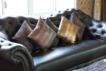 black leather sofa in luxurious interior room,selective focus.の写真素材