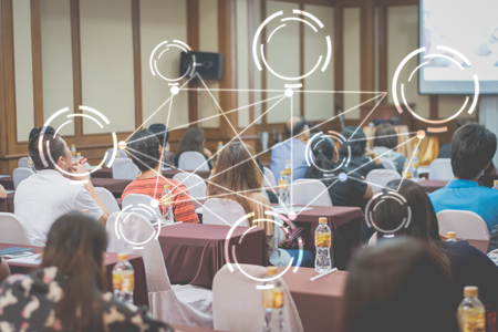 Business concept : asia people listen in business seminar presentation hall of hotel room with blank icon symbol,selective focus,vintage filter.の写真素材
