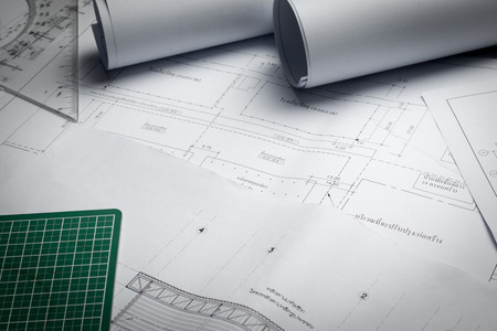 engineering diagram blueprint paper drafting project sketch architectural,selective focus.