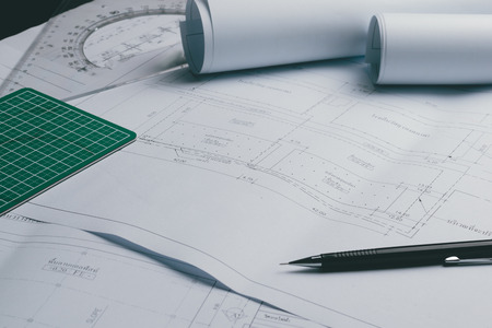 engineering diagram blueprint paper drafting project sketch architectural,selective focus.