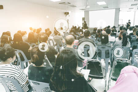 Business concept : asia people listen in business seminar presentation hall of hotel room with social network connection icon symbol ,selective focus.の写真素材