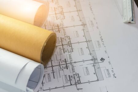 engineering diagram blueprint paper drafting project sketch architectural,selective focus.の写真素材