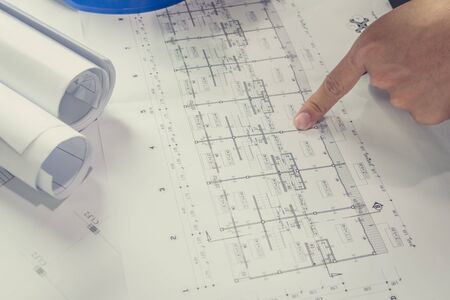 engineering diagram blueprint paper drafting project sketch architectural,selective focus. 