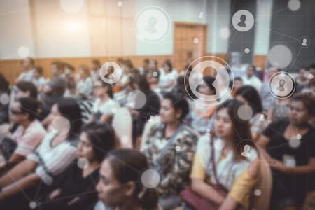 Business concept : asia people listen in business seminar presentation hall of hotel room with social network connection icon symbol and blur filter,selective focus.のeditorial素材