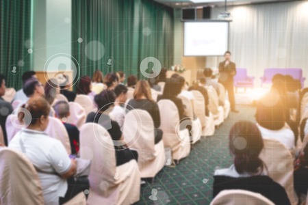 Business concept : asia people listen in business seminar presentation hall of hotel room with social network connection icon symbol and blur filter,selective focus. の写真素材
