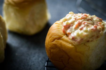 closeup delicious fresh bread with healthy tuna fish and tasty mayonnaise spread seafood ingredient ,selective focusの写真素材