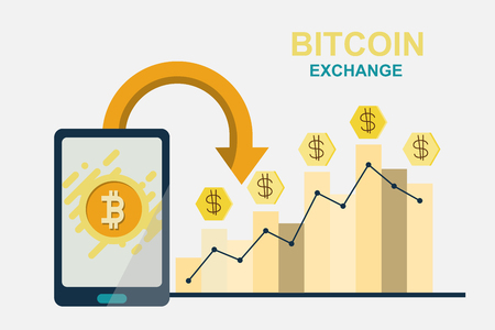 Flat modern design concept of cryptocurrency technology, bitcoin exchange, mobile banking. smartphone with bitcoin and dollars coming out.のイラスト素材