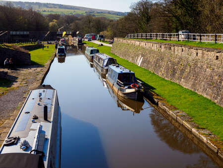 barges on a English canal spring sunshineの写真素材