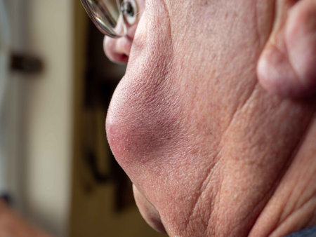 abscess large swollen pus filled mass on side of older mans faceの写真素材