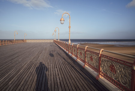 Wooden boardwalk leading to the beach and the sea in winter.の写真素材