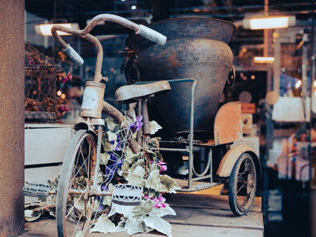 rusty old child's tricycle bike with a small trailer behind