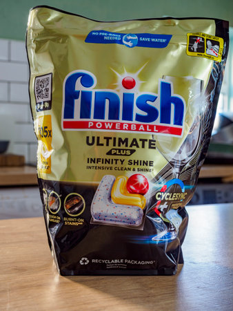 Manchester, UK, September, 18, 2024: Pack of dish washer tablets, Finish brand , in the home...