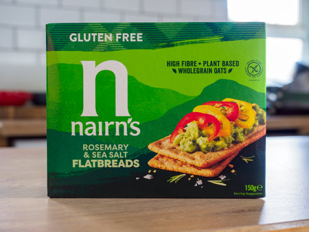 Manchester, UK, September, 18, 2024: Box of Nairns gluten free flatbreads food for snacking.のeditorial素材