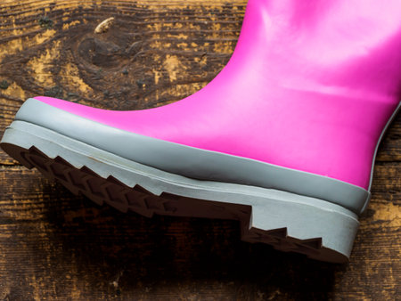 Pink wellington rain boot with gray sole on rustic wooden background.の写真素材
