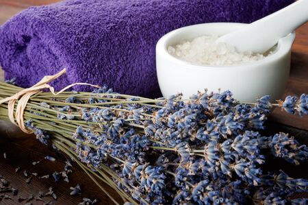 Spa set with lavender, towel and sea salt. Shallow DOF, focus on lavender の写真素材