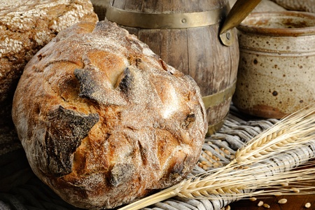 Freshly baked traditional bread in farmhouse setting