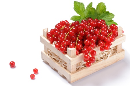 Small wooden crate full of red currant isolated over a white backgroundの写真素材