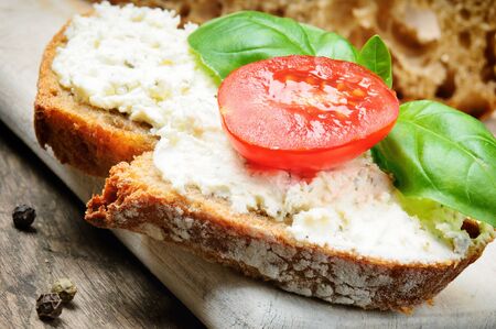 Slice of bread with cream cheese, basil and tomatoの写真素材