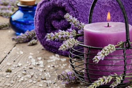 Spa setting in purple tone with lavenderの写真素材