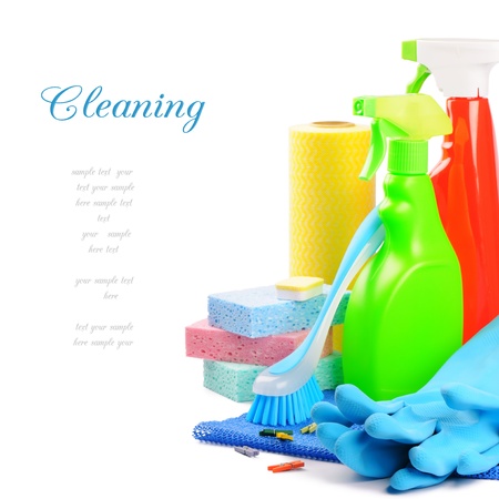 Colorful cleaning products isolated over whiteの写真素材
