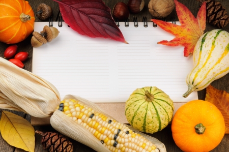 Autumn frame with copyspace and colorful seasonal vegetablesの写真素材